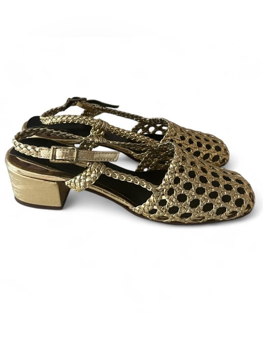 VINTAGE • Deadstock 70s Gold Vegan Leather Crochet Slingback Buckle Heel Sandals
